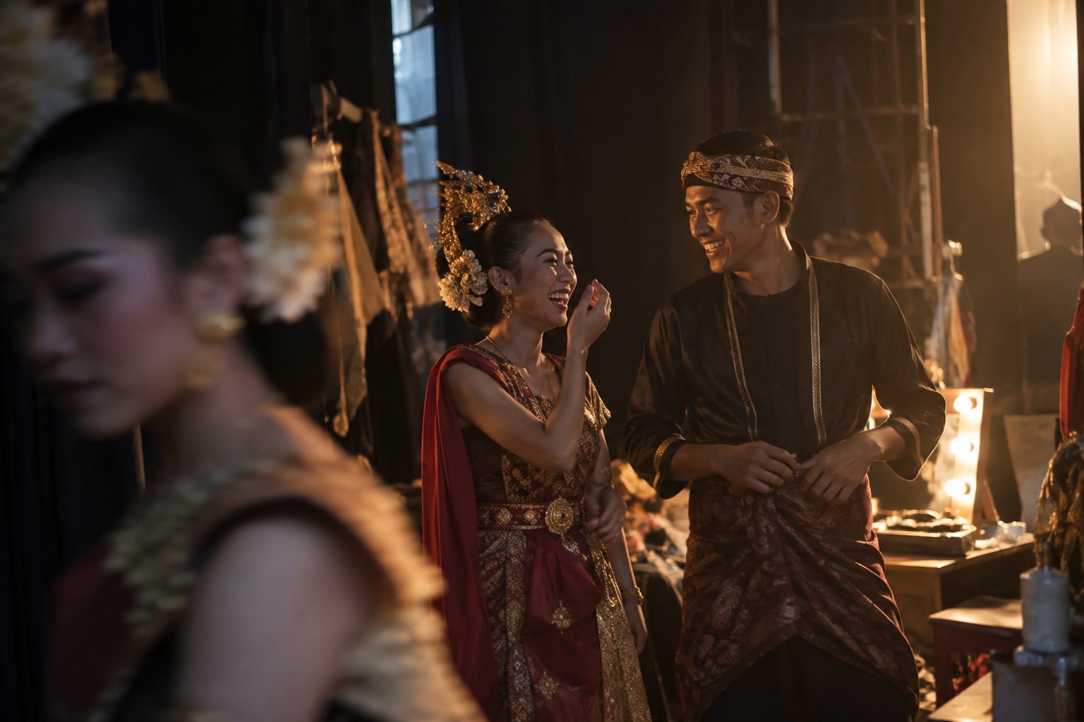 Performers sharing a laugh backstage.