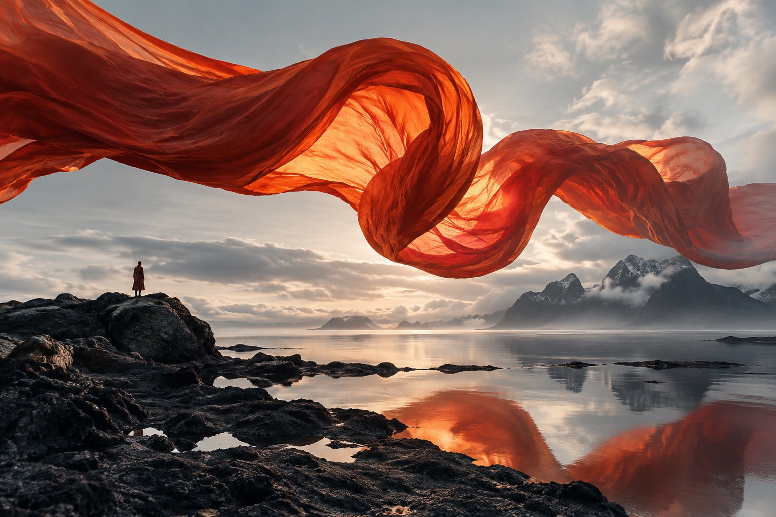 A red ribbon floating above a coastal landscape.