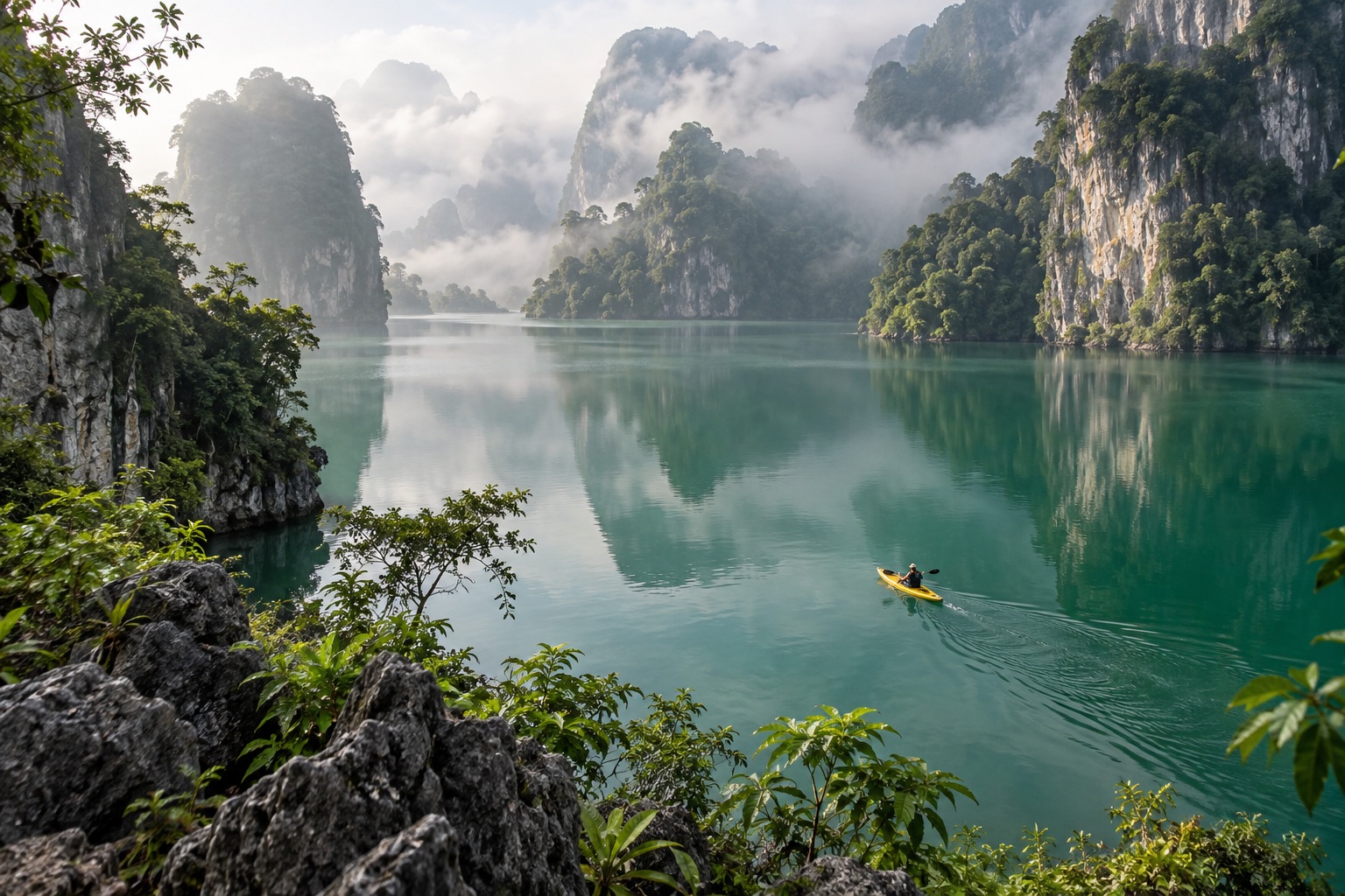 A yellow kayak on a quiet lake surrounded by mountains.